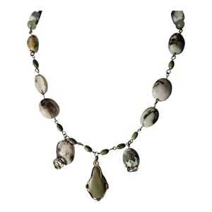 Vintage Green and Cream Stone Necklace 21 Inches In Length.
